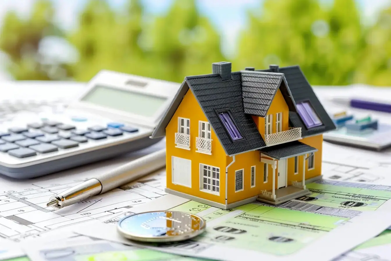 Model house placed on mortgage documents with a calculator and keys, representing home refinancing options in Portugal.